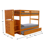 American Furniture Classics Model 2114-TT-TRUND, Solid Pine Mission Staircase Twin over Twin Bunk Bed with Four Drawer Chest and Roll Out Twin Trundle Bed in Warm Honey