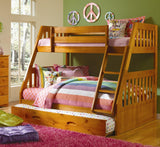 American Furniture Classics Model 2118-TRUND, Solid Pine Mission Twin over Full Bunk Bed with Roll Out Twin Trundle Bed in Warm Honey