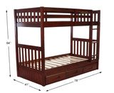 American Furniture Classics Model 2810-K3-KD, Solid Pine Mission Twin over Twin Bunk Bed with Three Drawers in Rich Merlot