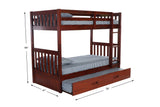 American Furniture Classics Model 2810-TRUND, Solid Pine Mission Twin over Twin Bunk Bed with Roll Out Twin Trundle Bed in Rich Merlot.