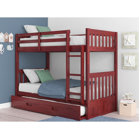 American Furniture Classics Model 2810-TRUND, Solid Pine Mission Twin over Twin Bunk Bed with Roll Out Twin Trundle Bed in Rich Merlot.