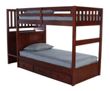 American Furniture Classics Model 2814-TT-K3-KD, Solid Pine Mission Staircase Twin over Twin Bunk Bed with Seven Drawers in Rich Merlot.