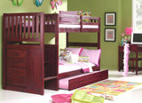 American Furniture Classics Model 2814-TT-TRUND, Solid Pine Mission Staircase Twin over Twin Bunk Bed with Four Drawer Chest and Roll Out Twin Trundle Bed in Rich Merlot.