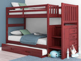 American Furniture Classics Model 2814-TT-TRUND, Solid Pine Mission Staircase Twin over Twin Bunk Bed with Four Drawer Chest and Roll Out Twin Trundle Bed in Rich Merlot.