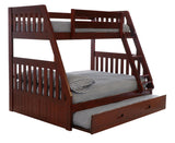 American Furniture Classics Model 2818-TRUND, Solid Pine Mission Twin over Full Bunk Bed with Roll Out Twin Trundle Bed in Rich Merlot.