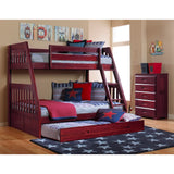 American Furniture Classics Model 2818-TRUND, Solid Pine Mission Twin over Full Bunk Bed with Roll Out Twin Trundle Bed in Rich Merlot.