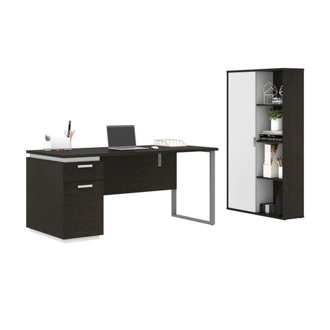 Bestar Aquarius 2-Piece Set Including a Desk with Single Pedestal and a Storage Unit with 8 Cubbies in deep grey & white