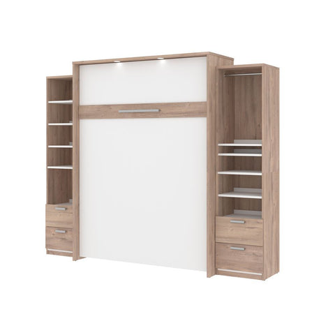 Bestar Cielo 105W Queen Murphy Bed and 2 Storage Cabinets with Drawers (104W) in rustic brown & white