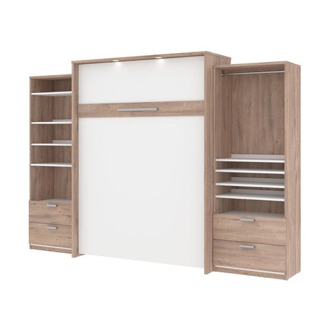 Bestar Cielo 125W Queen Murphy Bed and 2 Storage Cabinets with Drawers (124W) in rustic brown & white