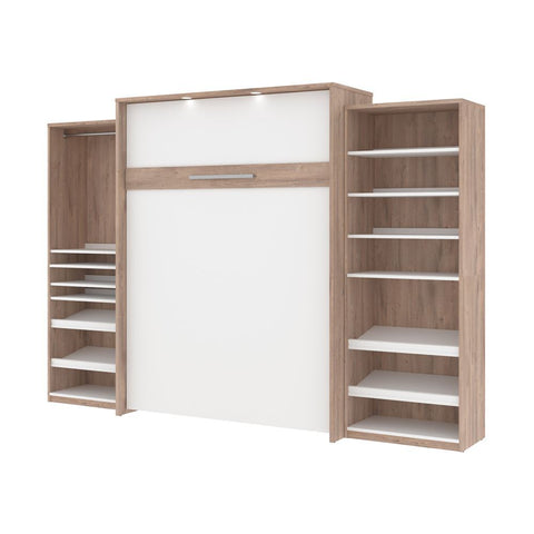 Bestar Cielo 125W Queen Murphy Bed with 2 Storage Cabinets (124W) in rustic brown & white