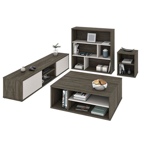 Bestar Fom 4-Piece Living Room Storage Set in walnut grey & sandstone