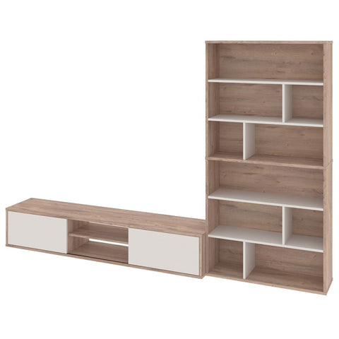 Bestar Fom TV Stand with 2 Asymmetrical Shelving Units in rustic brown & sandstone