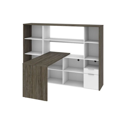 Bestar Gemma 2-Piece Set Including One L-Shaped Desk with Hutch and One Bookcase in walnut grey & white