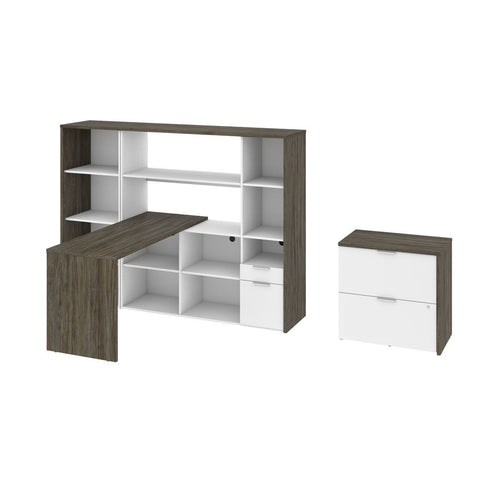 Bestar Gemma 3-Piece Set including an L-Shaped Desk with a Hutch, a Bookcase, and a Lateral File Cabinet in walnut grey & white