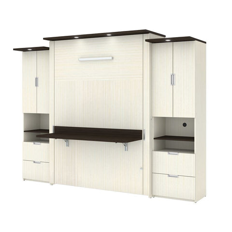 Bestar Lumina Queen Murphy Bed with Desk and 2 Storage Units (113") in white chocolate