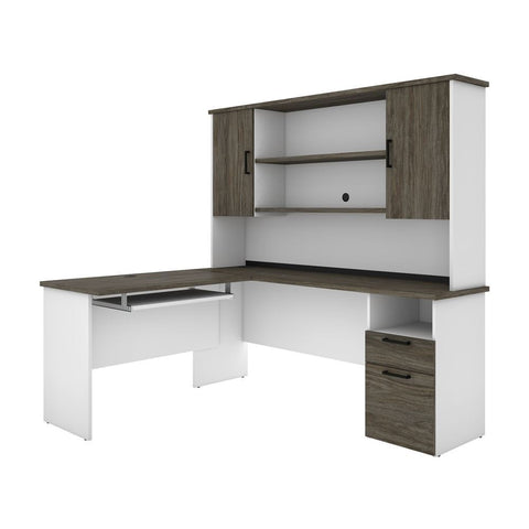Bestar Norma 71W L-Shaped Desk with Hutch in walnut grey & white