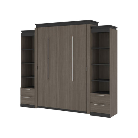 Bestar Orion 104W Queen Murphy Bed and 2 Narrow Shelving Units with Drawers (105W) in bark gray & graphite