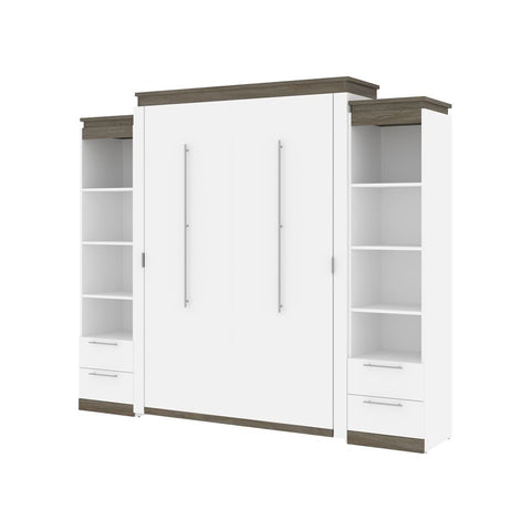 Bestar Orion 104W Queen Murphy Bed and 2 Narrow Shelving Units with Drawers (105W) in white & walnut grey