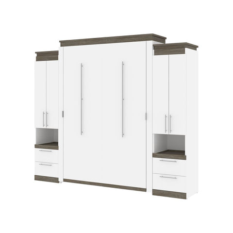Bestar Orion 104W Queen Murphy Bed and 2 Storage Cabinets with Pull-Out Shelves (105W) in white & walnut grey
