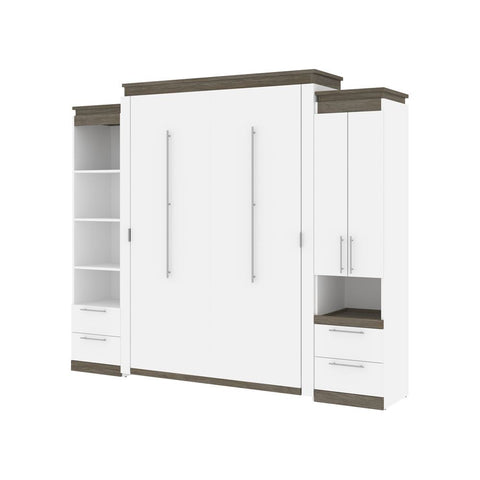 Bestar Orion 104W Queen Murphy Bed and Narrow Storage Solutions with Drawers (105W) in white & walnut grey