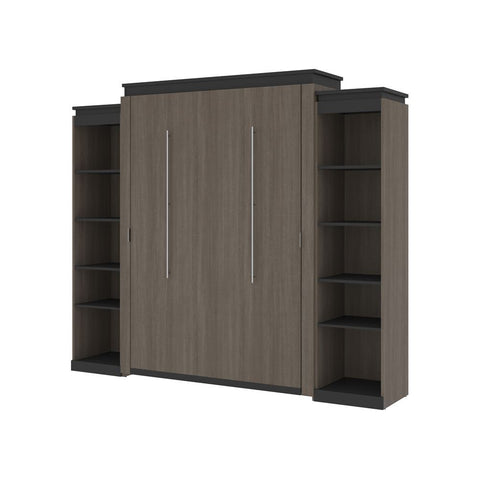 Bestar Orion 104W Queen Murphy Bed with 2 Narrow Shelving Units (105W) in bark gray & graphite