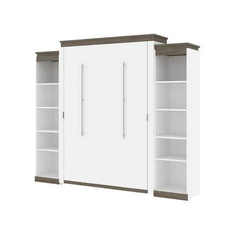 Bestar Orion 104W Queen Murphy Bed with 2 Narrow Shelving Units (105W) in white & walnut grey