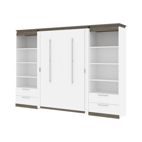 Bestar Orion 118W Full Murphy Bed and 2 Shelving Units with Drawers (119W) in white & walnut grey