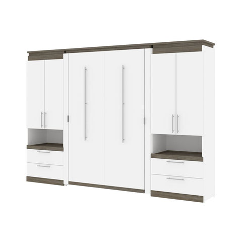 Bestar Orion 118W Full Murphy Bed and 2 Storage Cabinets with Pull-Out Shelves (119W) in white & walnut grey