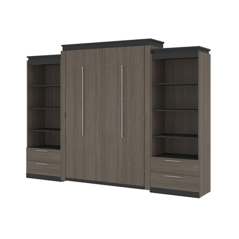 Bestar Orion 124W Queen Murphy Bed and 2 Shelving Units with Drawers (125W) in bark gray & graphite
