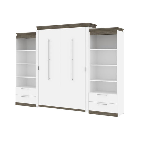 Bestar Orion 124W Queen Murphy Bed and 2 Shelving Units with Drawers (125W) in white & walnut grey