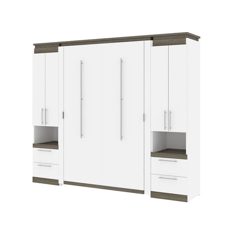Bestar Orion 98W Full Murphy Bed and 2 Storage Cabinets with Pull-Out Shelves (99W) in white & walnut grey