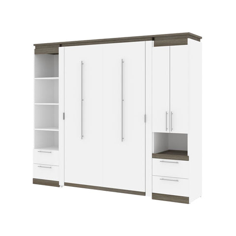 Bestar Orion 98W Full Murphy Bed and Narrow Storage Solutions with Drawers (99W) in white & walnut grey