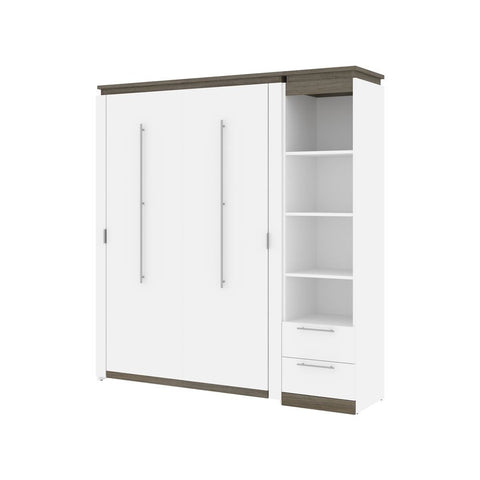 Bestar Orion Full Murphy Bed and Narrow Shelving Unit with Drawers (79W) in white & walnut grey