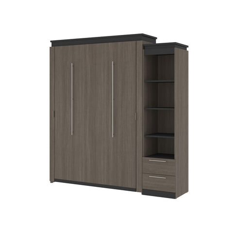 Bestar Orion Queen Murphy Bed and Narrow Shelving Unit with Drawers (85W) in bark gray & graphite