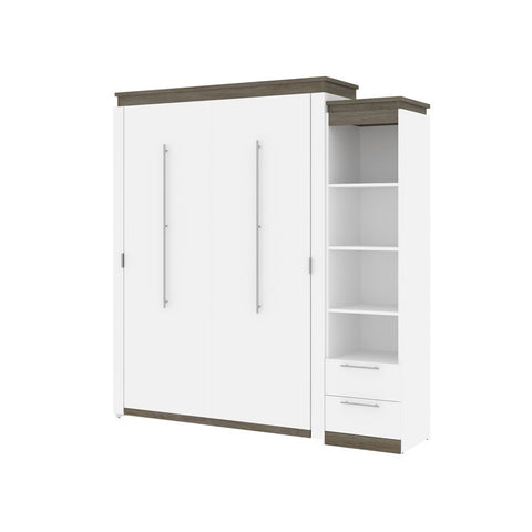 Bestar Orion Queen Murphy Bed and Narrow Shelving Unit with Drawers (85W) in white & walnut grey