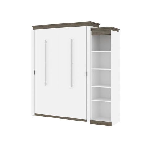 Bestar Orion Queen Murphy Bed with Narrow Shelving Unit (85W) in white & walnut grey
