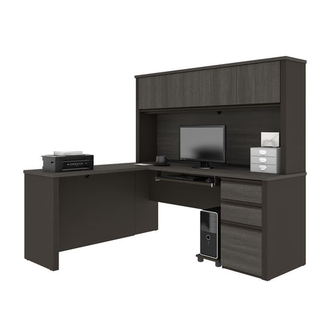 Bestar Prestige + 72W L-Shaped Desk with Pedestal and Hutch in bark grey & slate