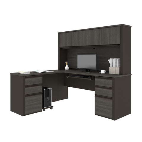 Bestar Prestige + 72W Modern L-Shaped Office Desk with Two Pedestals and Hutch in bark grey & slate