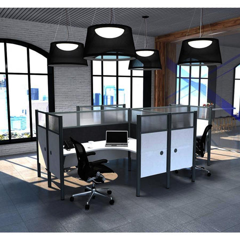 Bestar Pro-Biz Four L-Desk Workstation w/Privacy Panels in White w/Gray Tack Boards