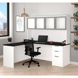 Bestar Pro-Concept Plus L-Desk w/Frosted Glass Door Hutch in Deep Grey & Black