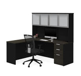 Bestar Pro-Concept Plus L-Desk w/Frosted Glass Door Hutch in Deep Grey & Black