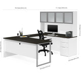 Bestar Pro-Concept Plus U-Desk w/Frosted Glass Door Hutch in White & Deep Grey