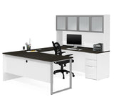 Bestar Pro-Concept Plus U-Desk w/Frosted Glass Door Hutch in White & Deep Grey