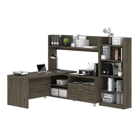 Bestar Pro-Linea 2-Piece set including an L-shaped desk with hutch and a bookcase in walnut grey
