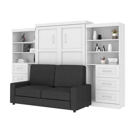 Bestar Pur 136W Queen Murphy Bed, 1 Sofa and 2 Storage Units with Drawers in white