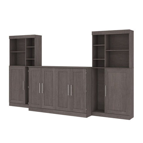 Bestar Pur 139W Queen Cabinet Bed with Mattress, two 36" Storage Units, and 2 Hutches in bark grey