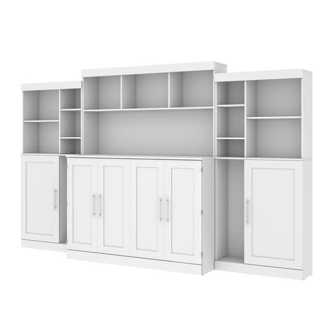 Bestar Pur 139W Queen Cabinet Bed with Mattress, two 36" Storage Units, and 3 Hutches in white