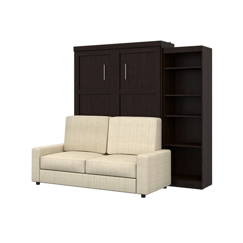 Bestar Pur 96W Queen Murphy Bed, a Storage Unit and a Sofa in chocolate