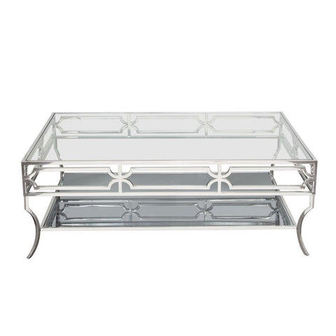 Diamond Sofa Avalon Cocktail Table w/Clear Glass Top & Mirrored Shelf & Stainless Steel Frame
