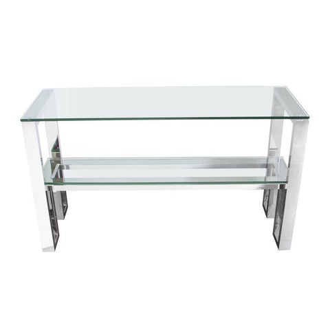 Diamond Sofa Carlsbad Console Table w/Clear Glass Top & Shelf w/Stainless Steel Frame
